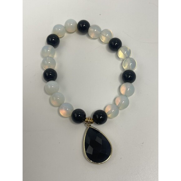 Toni Composite 10mm Moonstone & Black Onyx Beaded Bracket W/Teardrop Pendant New - Picture 5 of 7